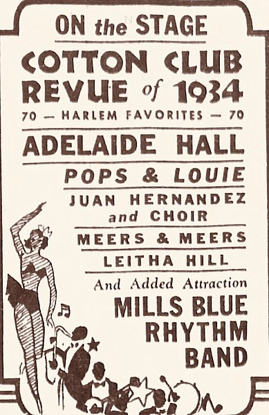 Adelaide Hall występuje w Cotton Club Revue z 1934 roku w Loew's Metropolitan Theatre na Brooklynie od 7 września 1934 (reklama) ŹRÓDŁO: The Brooklyn Daily Eagle, 6 września 1934, strona 20, Creative Commons Attribution-Share Alike 4.0 International CC BY-SA 4.0 Deed | Attribution-ShareAlike 4.0 International | Creative Commons