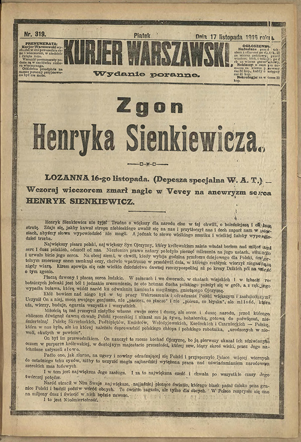 Kurier Warszawski z dnia 17 listopada 1916 r. informujący o śmierci Henryka Sienkiewicza Źródło: CRISPA, PDM 1.0 DEED
